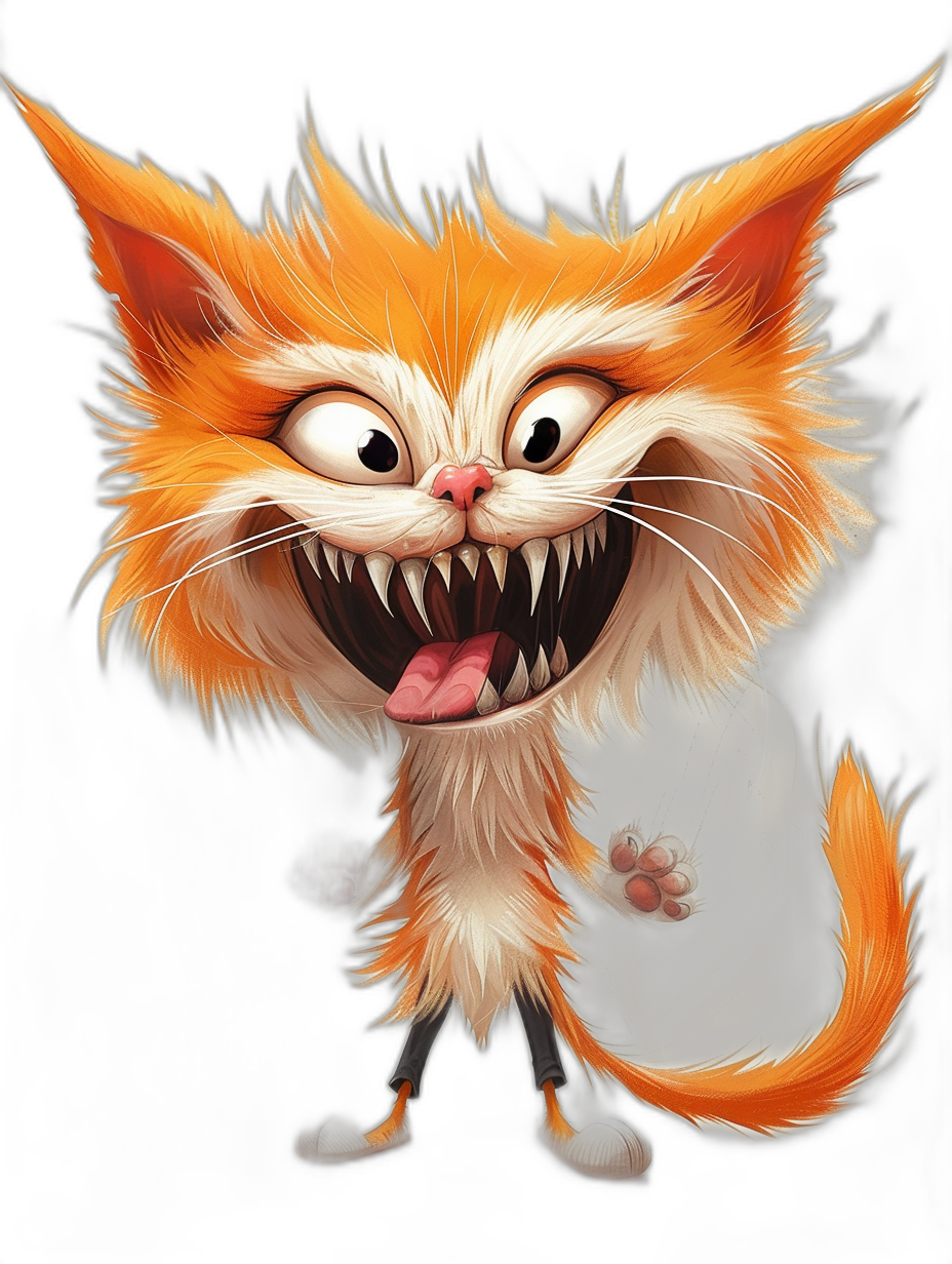 A cartoon character design of an orange and white cat with sharp teeth, big eyes, long tail, wearing a grey t-shirt, with a crazy smile and crazy pose against a black background in the style of digital art.