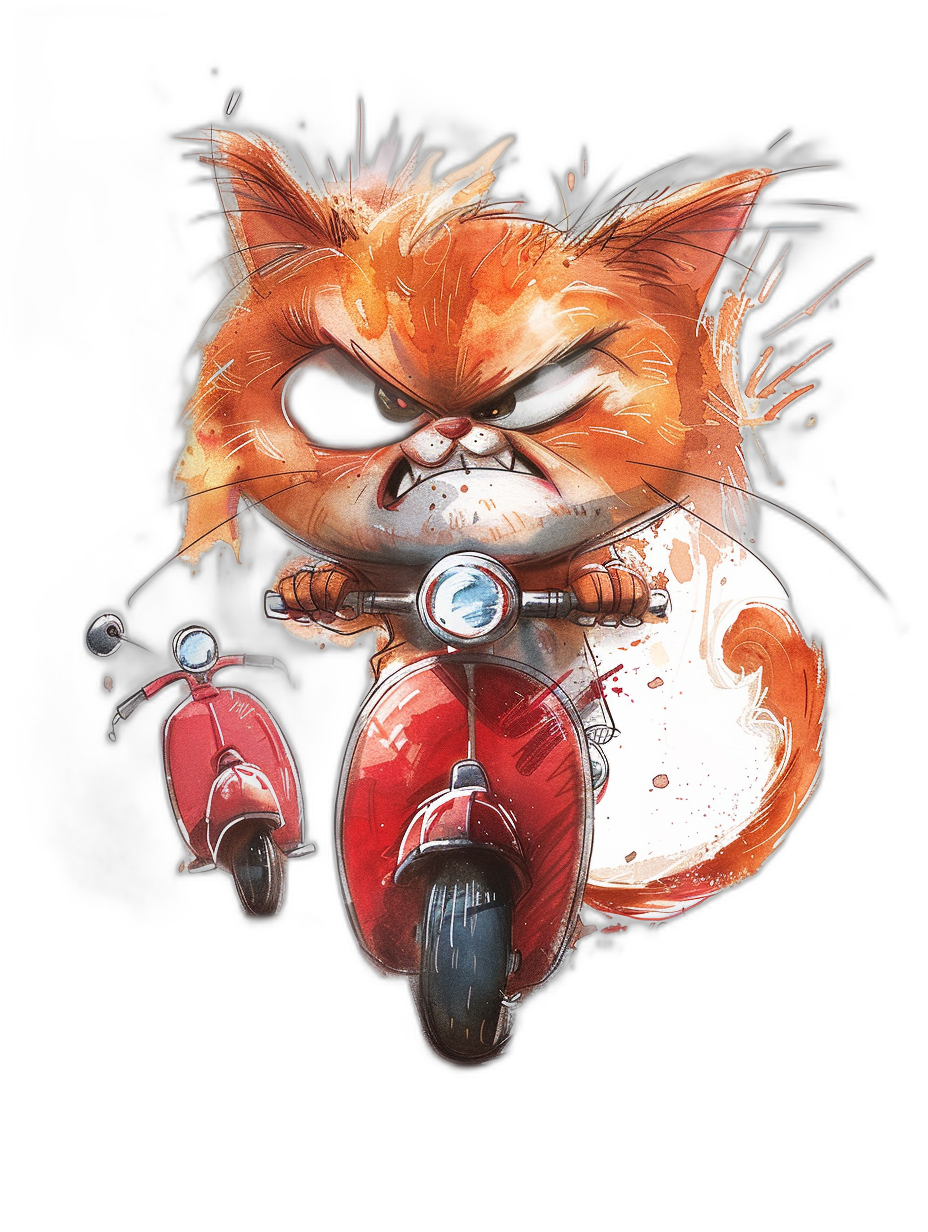 A grumpy hiphop cat with an oversized head and very short hair, the body is extremely long like a flagrayed line, driving fast on his red moped in the style of [Ralph Steadman](https://goo.gl/search?artist%20Ralph%20Steadman) character in a black background, cute, warm colors.