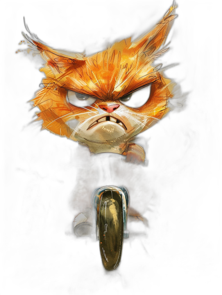 An grumpy orange cat with an angry expression riding on the front of a motorbike, in the style of digital art, on a black background, as a cartoon character concept sheet, with bold brush strokes and rough textures, with exaggerated facial features, in a dark fantasy style.