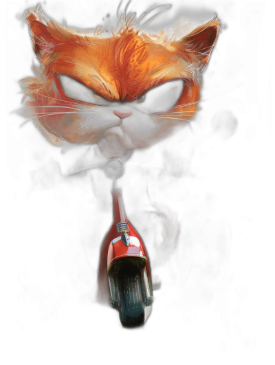 front view of an angry orange cat with black eyes on the scooter, in the cartoon style, digital art in the style of [Loish](https://goo.gl/search?artist%20Loish) and [Studio Ghibli](https://goo.gl/search?artist%20Studio%20Ghibli), dark background, watercolor style, high contrast, detailed texture, dynamic lighting, bold lines, graphic design