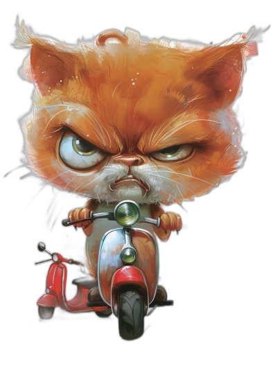grumpy orange cat with green eyes, riding a red vespa motorcycle in the style of [Tiago Hoisel](https://goo.gl/search?artist%20Tiago%20Hoisel), caricature-like, playful caricatures in the style of [Marjane Satrapi](https://goo.gl/search?artist%20Marjane%20Satrapi), dark background, vector illustration, digital art
