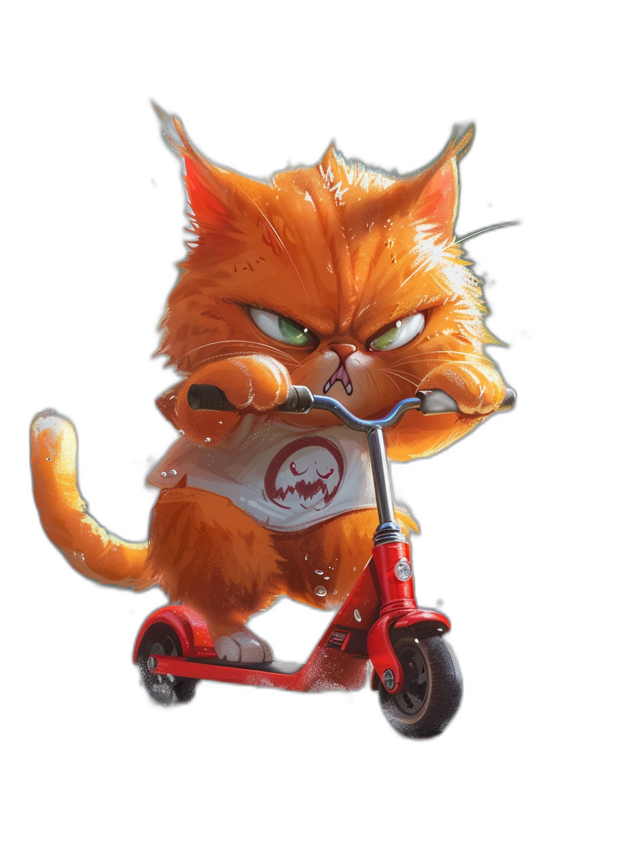 A red cat with an angry face riding on a scooter, wearing a white T-shirt and orange pants in the style of a cartoon, with a simple black background, cute character design shown from the front view with a symmetrical composition and simple details. The image is of high quality, high resolution, high detail, high contrast and has sharp focus with professional photography lighting and professional color grading to appear super realistic.