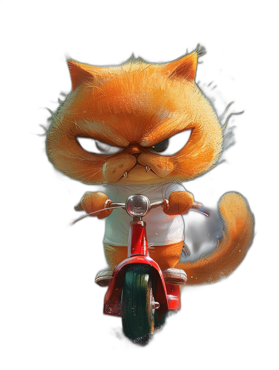 grumpy orange cat character in a white t-shirt riding a red scooter, with an angry face, on a black background, in the cartoon style, a high quality render