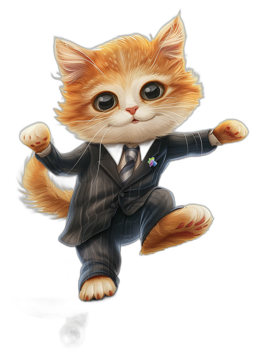 cute chibi cat in suit doing jumping, digital art in the style of [Artgerm](https://goo.gl/search?artist%20Artgerm), black background, very detailed