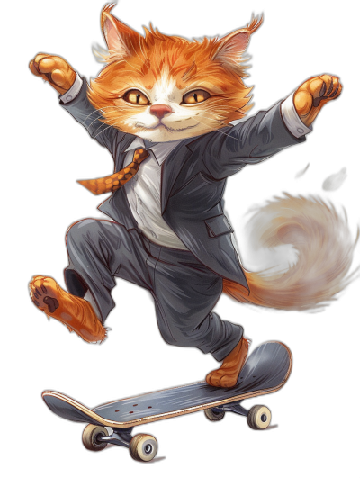 A cute ginger cat in a business suit, doing skateboarding, vector illustration, black background, cute style, in the style of Kienan Lafferty, Artstation contest winner, furry art, character design sheet, cartoon drawing, in the style of Manabu Ikeda