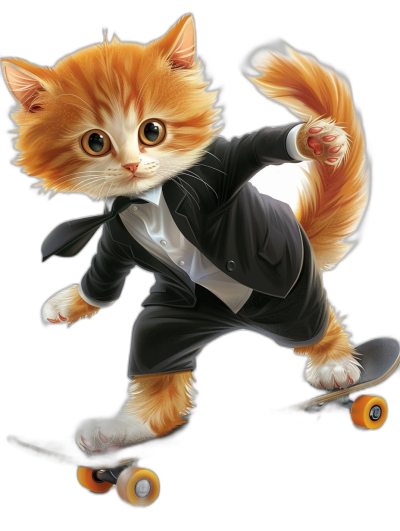 A cute ginger cat in a tuxedo riding on a skateboard, vector illustration in the style of [Katsuya Terada](https://goo.gl/search?artist%20Katsuya%20Terada), full body, black background, high resolution