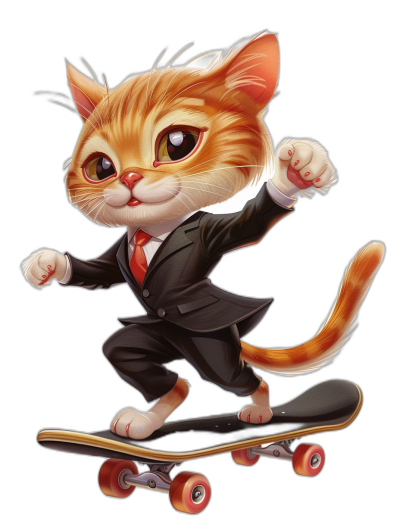 A cute cat in a suit and tie riding on a skateboard, vector illustration in the style of [Artgerm](https://goo.gl/search?artist%20Artgerm), black background.