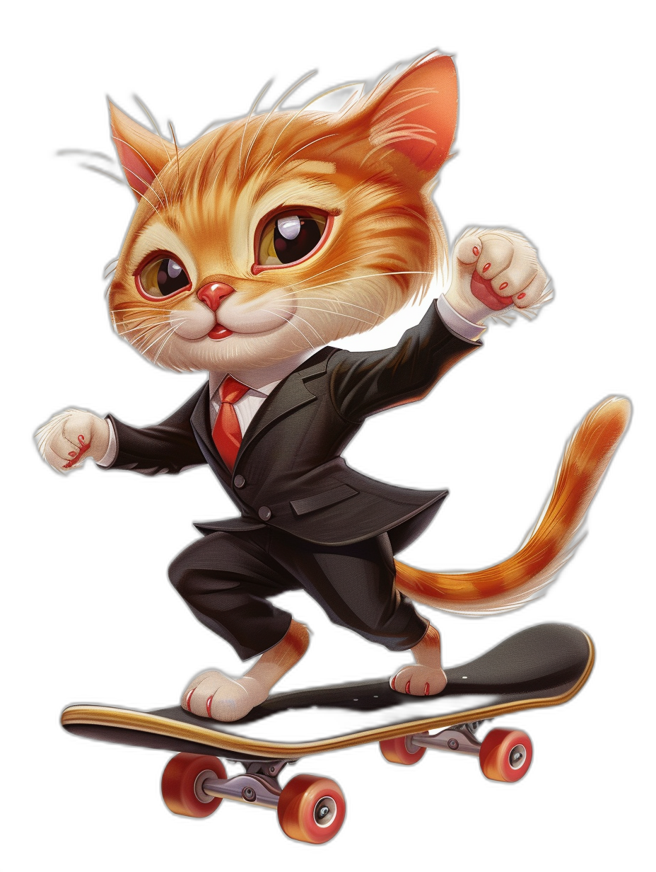 A cute cat in a suit and tie riding on a skateboard, vector illustration in the style of [Artgerm](https://goo.gl/search?artist%20Artgerm), black background.