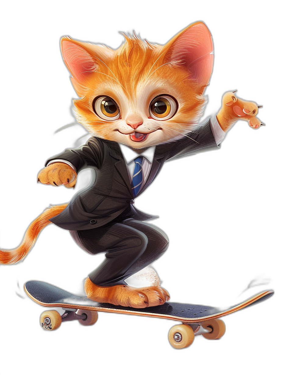 Cute cat cartoon character in a suit riding on a skateboard against an isolated black background, detailed illustration, high resolution, professional photograph. The ultra-realistic photograph of the cute orange and white kitten wearing business attire is captured with a Sony Alpha A7 III camera for a dynamic and energetic feel, with a black skateboard under its feet. It has an exaggerated expression as it rides in the style of a flying kick while playing on roller skates.