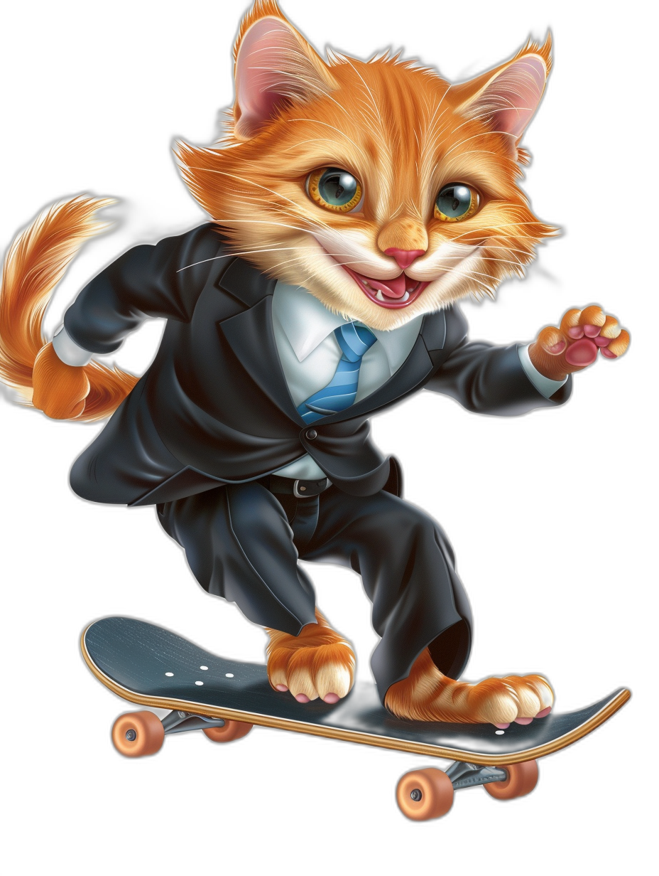 A happy ginger cat wearing a suit and tie riding on a skateboard, in the cartoon style, vector design, detailed black background, high resolution, professional photograph, very sharp focus, in the style of hyper-realism, no watermarks.