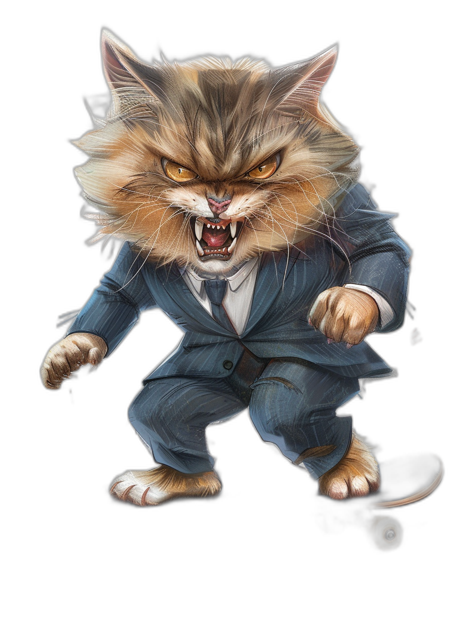 a full body illustration of an angry cat in suit, on roller skates, isolated black background, digital art by [Brian Froud](https://goo.gl/search?artist%20Brian%20Froud) and [Leiji Matsumoto](https://goo.gl/search?artist%20Leiji%20Matsumoto) and [Don Bluth](https://goo.gl/search?artist%20Don%20Bluth) and [Yoji Shinkawa](https://goo.gl/search?artist%20Yoji%20Shinkawa)
