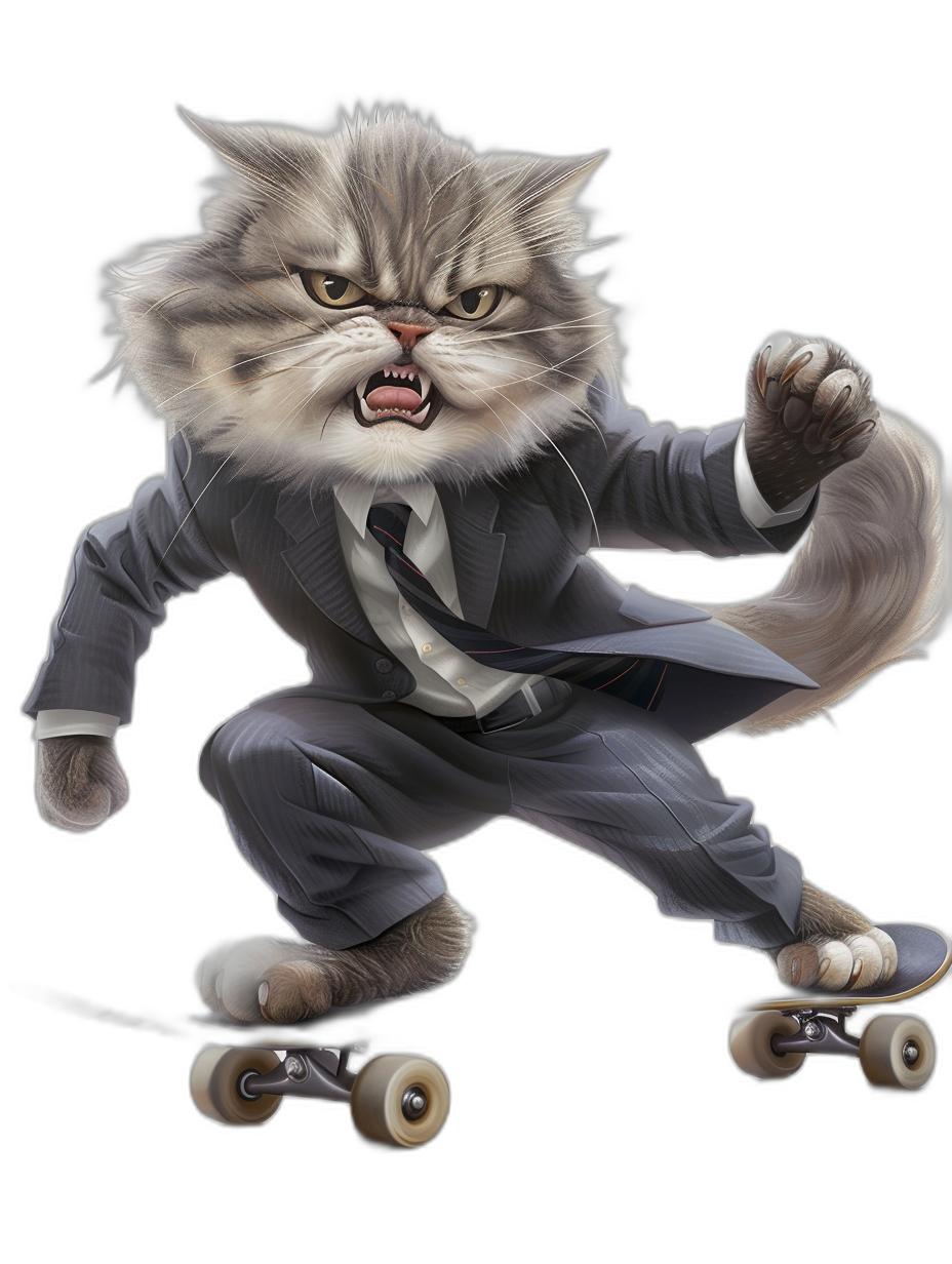 a realistic digital illustration of an angry fluffy cat in business suit, riding on skateboard , black background, full body view, wide angle shot