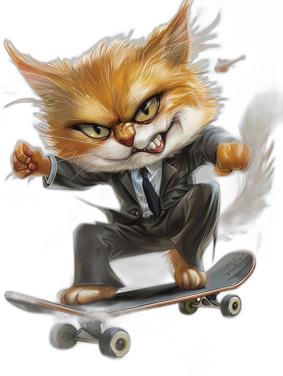 realistic digital illustration of an angry ginger cat in suit, riding on skateboard, black background, cool and cute style