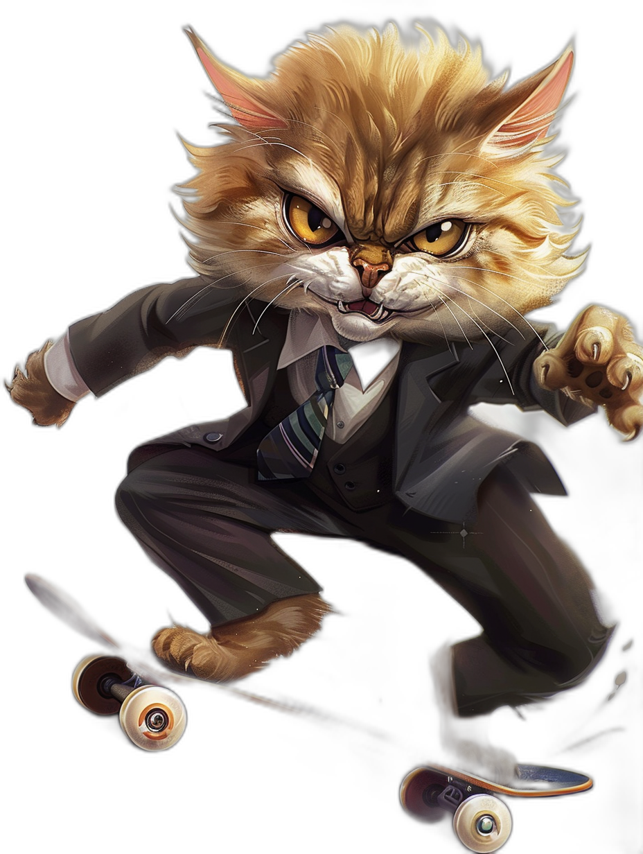 A realistic illustration of an angry ginger cat in suit and tie, riding on the skateboard, black background, character design by [Artgerm](https://goo.gl/search?artist%20Artgerm), full body portrait, concept art