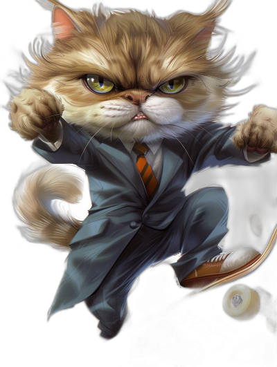 A persian cat in a suit doing skateboard, with an angry face, on a black background, digital art in the style of [Moebius](https://goo.gl/search?artist%20Moebius) and Genshin Impact and [Studio Ghibli](https://goo.gl/search?artist%20Studio%20Ghibli), a full body portrait, super cute, adorable