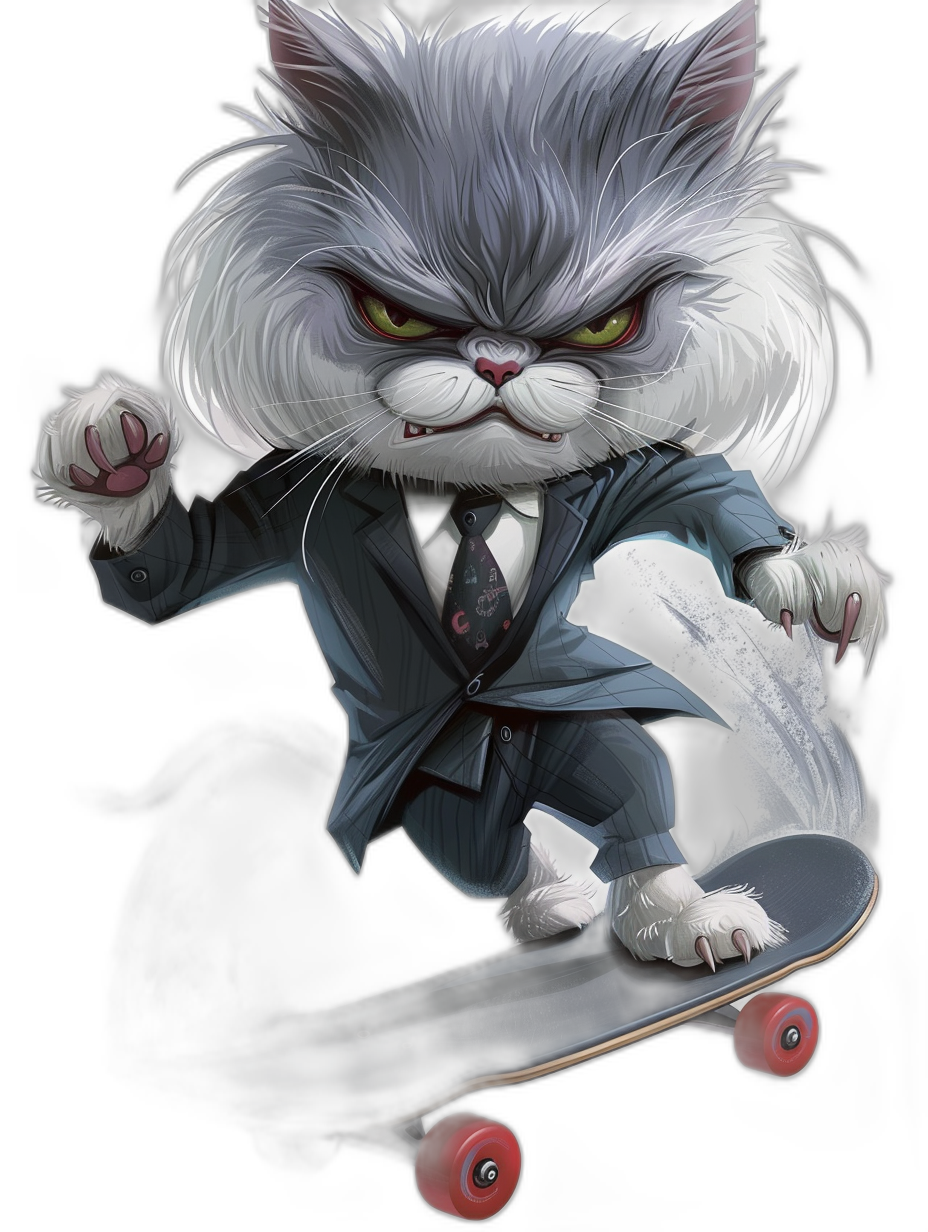 grumpy white fluffy cat in suit and tie riding on skateboard, in the style of cartoon, vector art, black background, hyper-realistic illustrations, cute cartoonish designs, detailed character design, digital airbrushing, graffiti-inspired illustrations