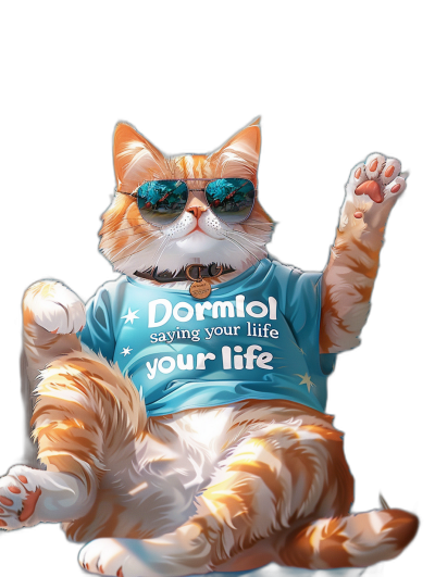 A realistic illustration of an orange and white cat wearing sunglasses, sitting on its hind legs with one paw raised in the air, wearing a blue t-shirt that says "Dormol saying your life" against a black background in a full body shot.