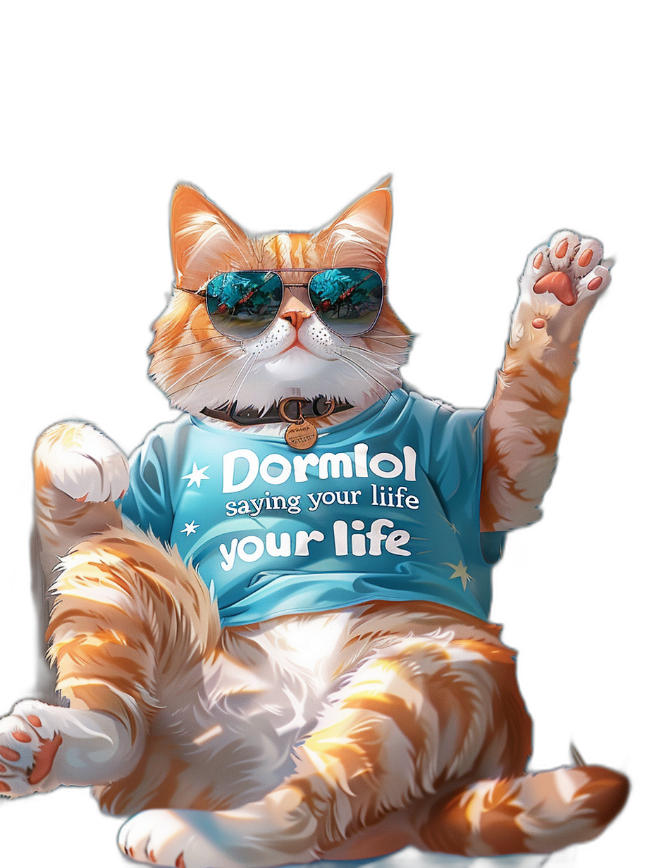 A realistic illustration of an orange and white cat wearing sunglasses, sitting on its hind legs with one paw raised in the air, wearing a blue t-shirt that says “Dormol saying your life” against a black background in a full body shot.