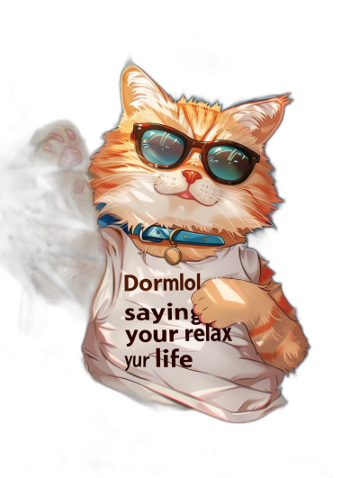 digital art of a cool fat orange cat wearing sunglasses, holding a t-shirt with text "Dormol blShay saying your life is relax" in a black background, in the style of a cartoon, minimalist