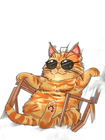 digital art of cute and fat orange cat , wear sunglasses, sitting on the chair with black background, chill out pose, happy mood, in lofi style