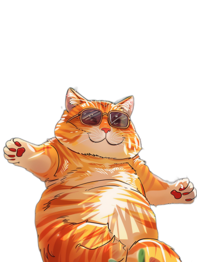 digital art of a cool fat orange cat, the belly is extremely big, wearing sunglasses, minimal style, chilling in a black background with sunlight, with a chilling happy expression, full body.