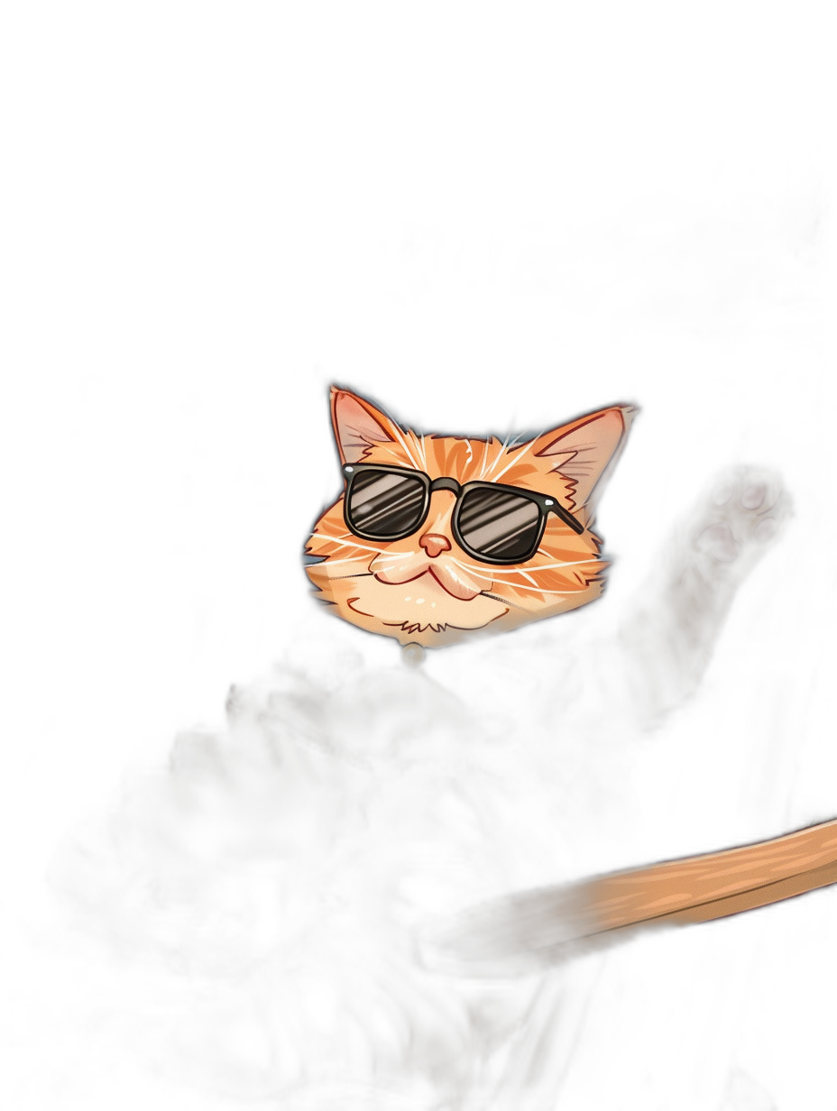 digital art of cool cat wearing sunglasses ,cat holding wooden sword, black background , minimal style, chill and happy vibes