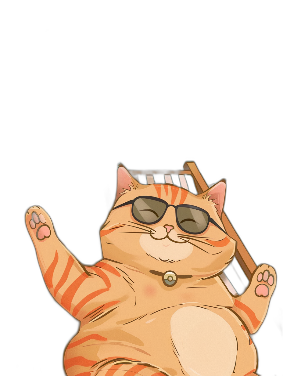 A cute orange fat cat wearing sunglasses and sitting on a chair, smiling happily with one paw raised for a high five against a black background, in the style of anime.