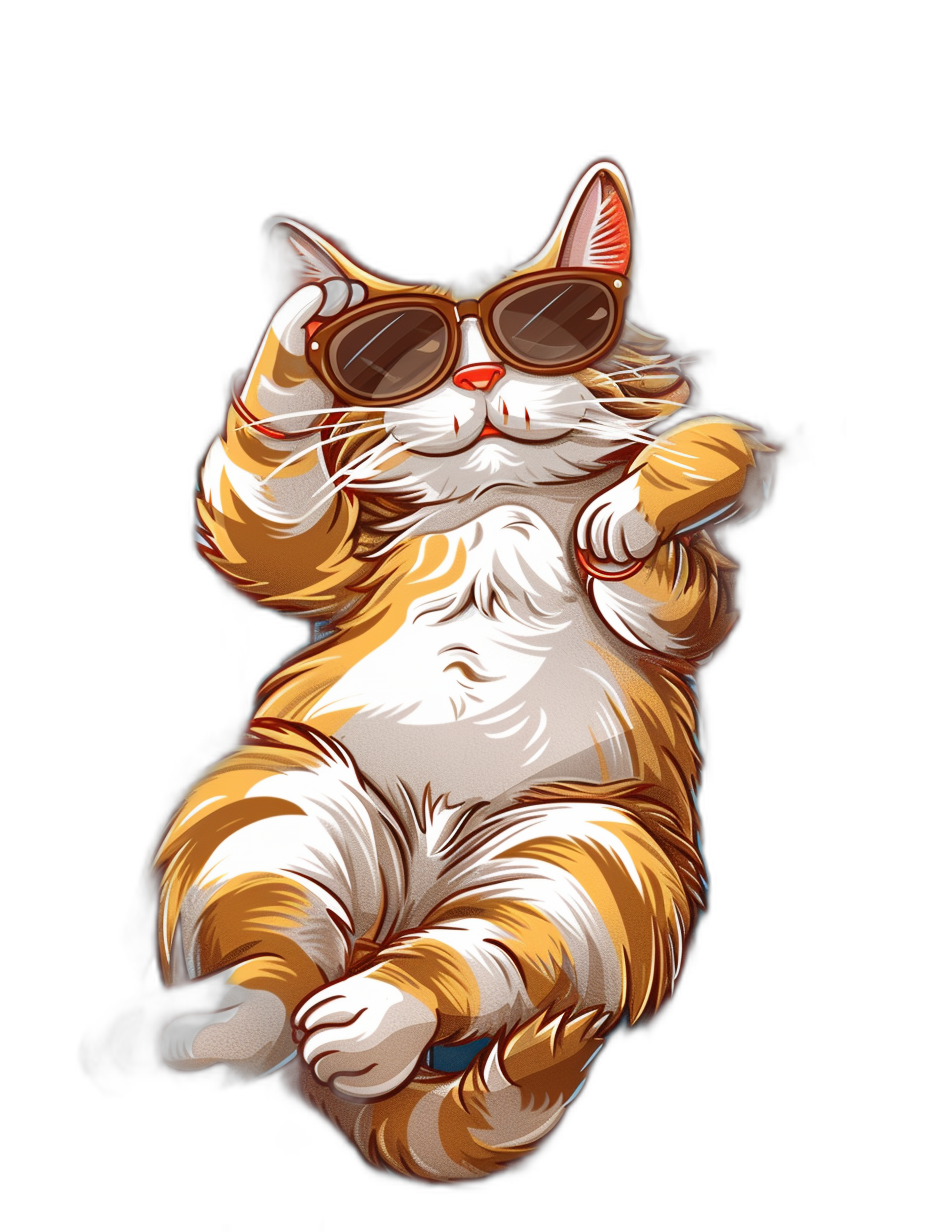 A fat orange and white cat wearing sunglasses lounging in the style of digital illustrations on a black background, full body vector illustration in the style of cute cartoon design, sticker art with a thick outline and solid colors, no shadow, high resolution and high detail, colorful with smooth edges in the style of 2D game graphics and vector graphics.