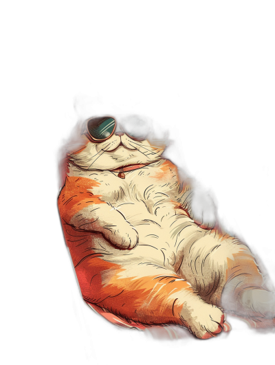 A fat cat wearing sunglasses lies on its back, sleeping peacefully in the dark. A beam of light shines from above onto its belly and legs, creating an illustrative effect. The overall color scheme is warm with red as the main tone, creating a cute atmosphere. It has clear details and lines, highlighting the cat's shape. Black background. High definition resolution. in the style of .