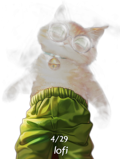 A cat with glasses and green pants is wearing yellow shorts, in the style of digital art, cute cartoonish designs, text "4/29 lofi", black background, hyper-realistic illustrations, dark white and light amber colors, tondo.