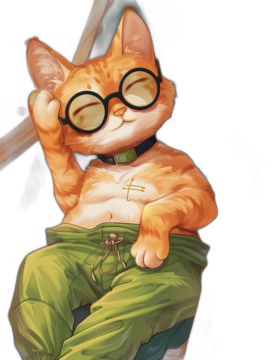 A cute ginger cat wearing glasses and green pants, sitting on his legs in the style of [Kawacy](https://goo.gl/search?artist%20Kawacy), character caricatures, cute cartoonish illustration with a strong facial expression, warm color tones against a black background, digital art.