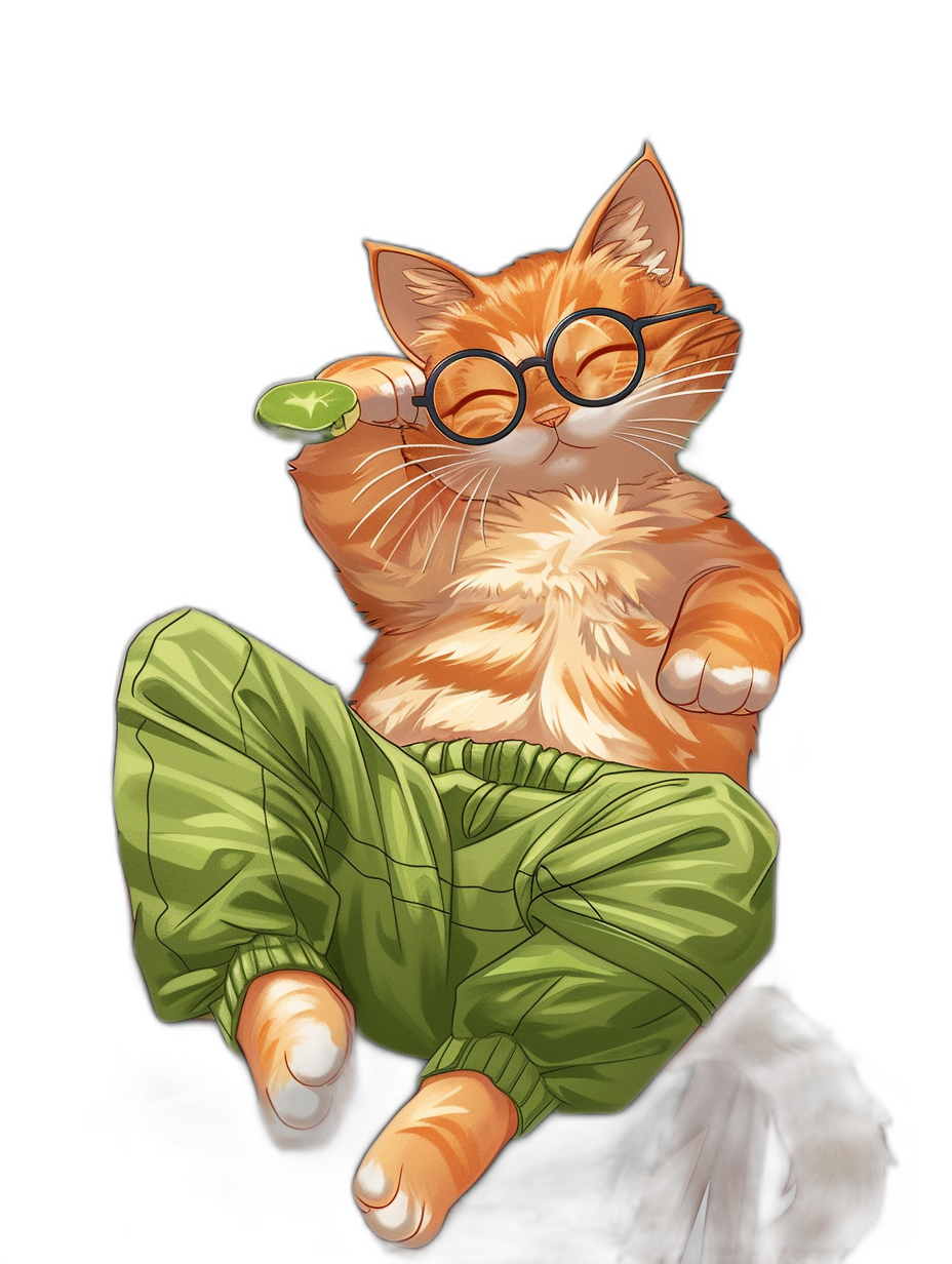 A cute ginger cat with glasses and green pants, eating an olive on a black background in the style of vector art. The art style is simple yet detailed, like a digital painting or concept art with sharp focus and high resolution with fine details.