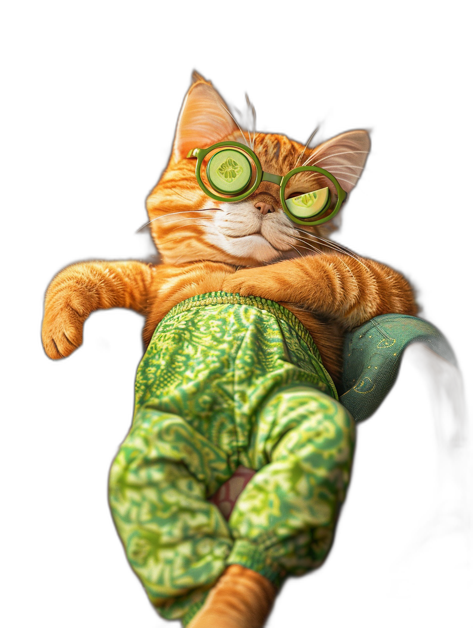 A red cat wearing green patterned pajamas and goggles with cucumbers in its eyes is sitting on the armchair against a black background. The photorealistic, hyperrealistic style of the studio photo makes it a high quality picture in the style of studio photos.