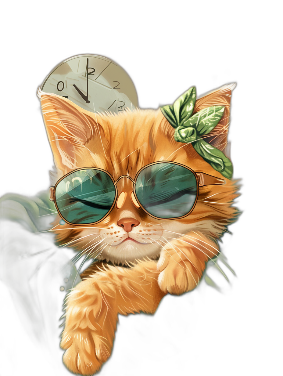 digital art of a cool and fat orange cat, the kitten is holding an analog clock in its right hand, wearing sunglasses with green lenses, black background, chill vibes, in the style of digital painting.