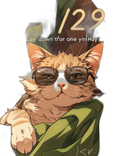 A cute cat with glasses, sitting on top of the number "29", holding an open book titled "Lay down for one year in May?" in the style of K reminiscent of an anime style, with dark green and light brown, cartoonish simplicity, warm tones, black background, social media avatar, with text written below it that says "Laying at home all day is like taking off your eyes to see what's going on outside."