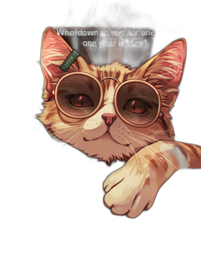 A cat with glasses and the text "Who down to rest for one year in May?" written on its forehead, 2d game art style, flat design, high resolution, digital painting, highly detailed character illustrations, texture-rich canvases, strong lighting contrasts, playful cartoonish elements, in the style of playful and whimsical designs, isolated black background