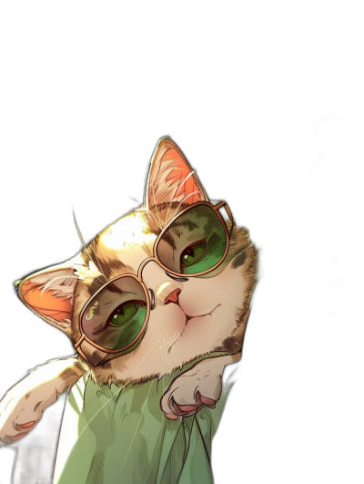 A cute cat wearing sunglasses, a green dress on a black background, in the style of anime, in the style of cartoons, a simple full body portrait drawing, high definition.