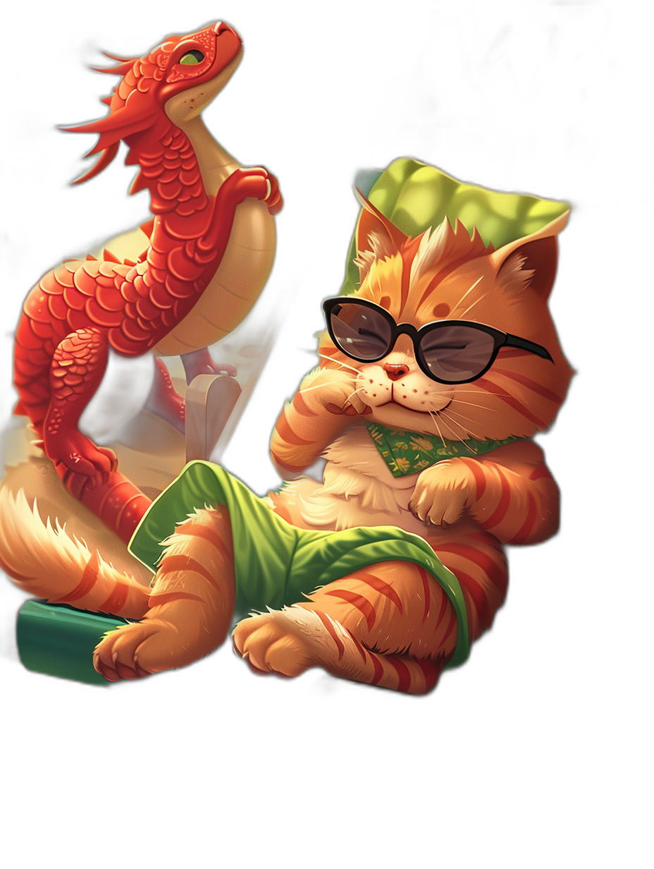 A cute orange cat wearing black sunglasses and green shorts is lying on the back of a red dragon, both dressed in casual , with a pure black background and cartoon style. It features high-definition illustrations, Q-version manga style portraits, bright colors, and cute expressions. The characters have different postures, sitting or sleeping, with a wide-angle lens that highlights their cuteness. Bright light shines from behind them, creating a cheerful atmosphere in the style of .