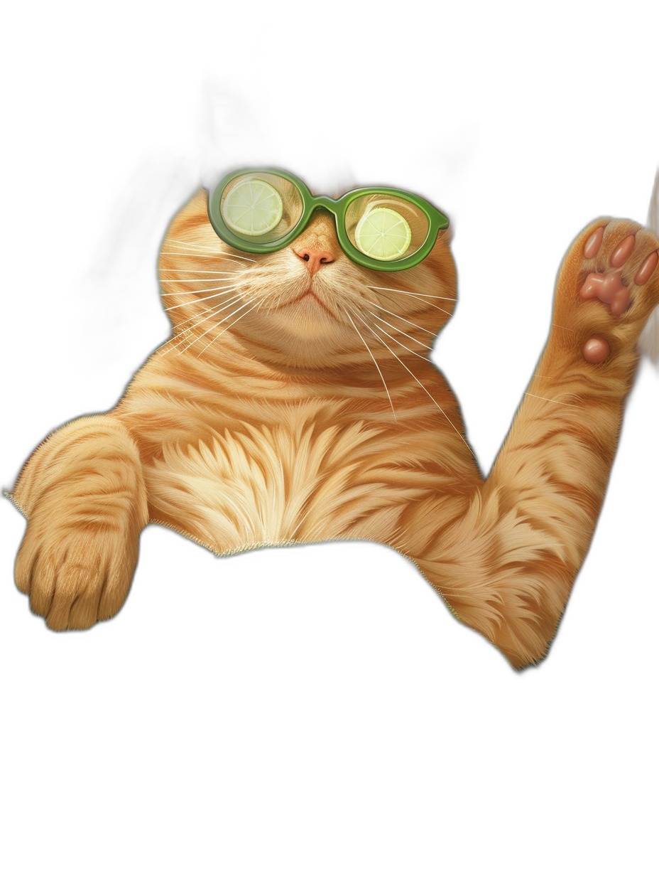 digital art of cute and fat orange cat , wearing green glasses, holding one paw up high to look at you with black background , chilling happy and funny