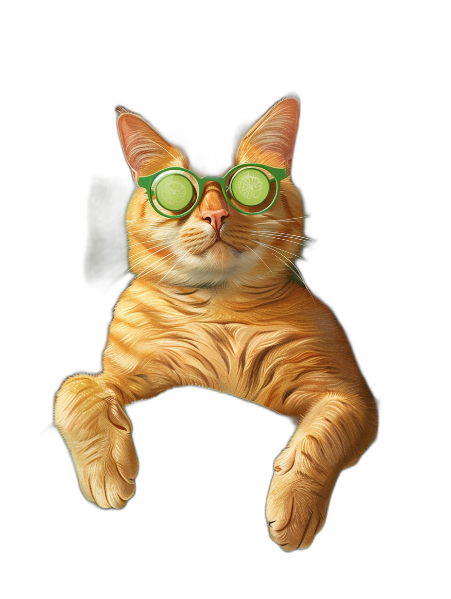 digital art of funny orange cat wearing green sunglasses with cucumber on eyes, laying down pose , black background , chill and happy tone mood