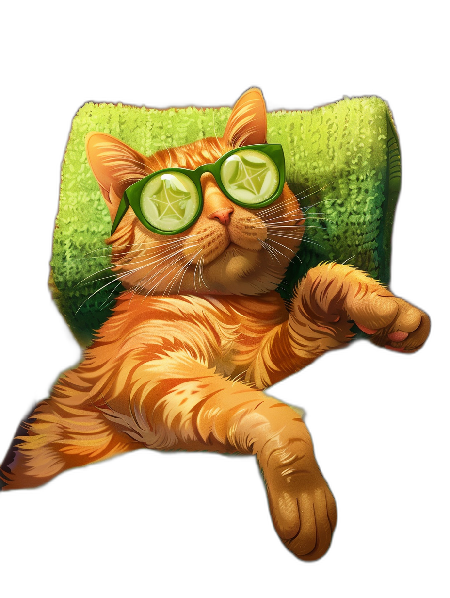 Illustration of an orange cat wearing green glasses with a cucumber slice on each eye, lying down in a spa chair and relaxing against a black background at high resolution.