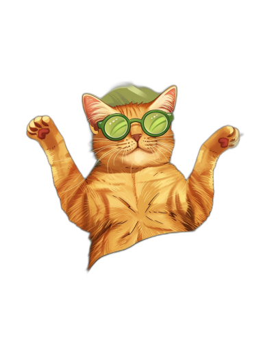 t-shirt design, Cool Orange Cat with green glasses and cap doing yoga arms up position , full body, simple vector illustration by Erol Otis [Junji Ito](https://goo.gl/search?artist%20Junji%20Ito) Tatsuo designer style , on black background