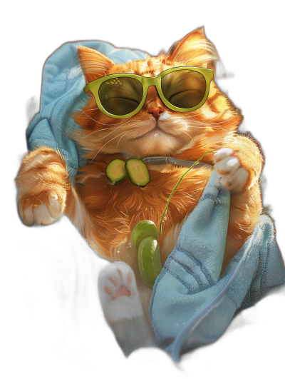 digital art of cute and fat orange cat ,wearing sunglasses with blue towel around its neck, holding avocado in hand , black background , chill expression , happycore , rockstar style , core , painting illustration