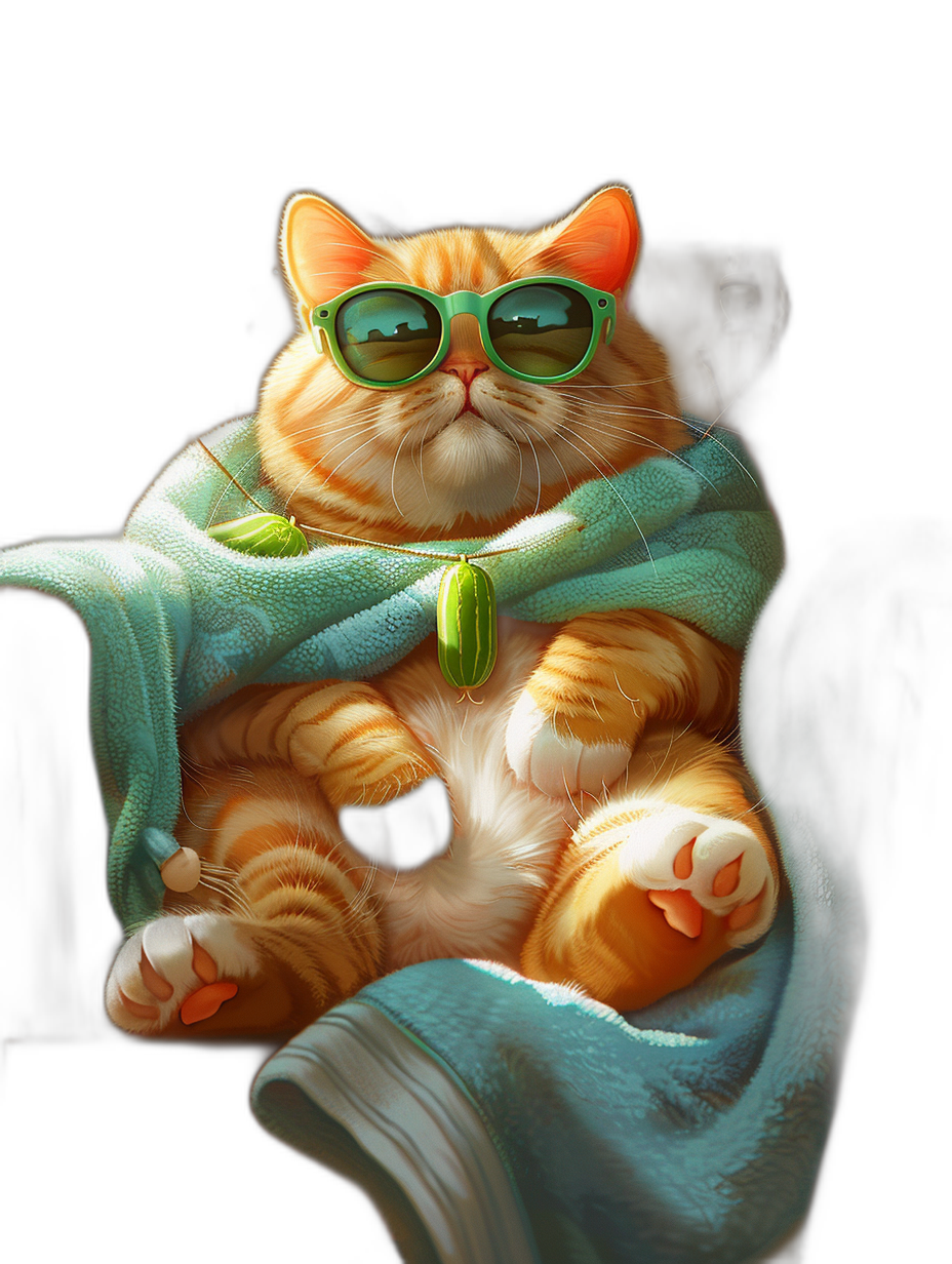 digital art of cute fat orange cat , wearing sunglasses and blanket on the chair, chill out pose with green light black background