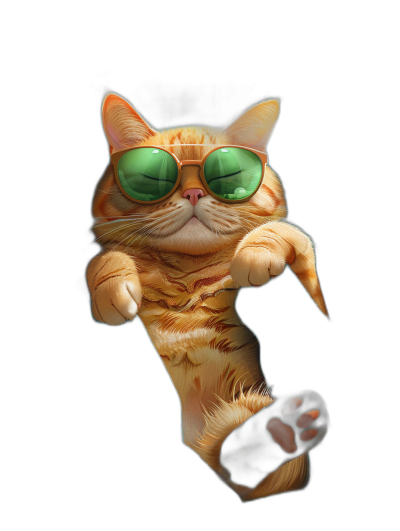 digital art of a cute and fat orange cat wearing green sunglasses, the kitten is floating in the air with one paw hanging out, black background, pastel tones, cinematic lighting. In the style of pastel tone.