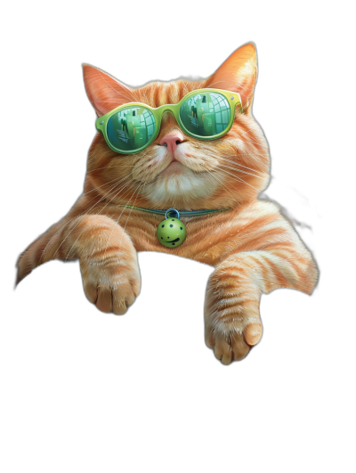 An orange cat with green sunglasses hanging upside down on a black background, a green bell around its neck, in the style of photorealism, in the style of hyperrealism, with professional photography skills, with professional color grading skills.