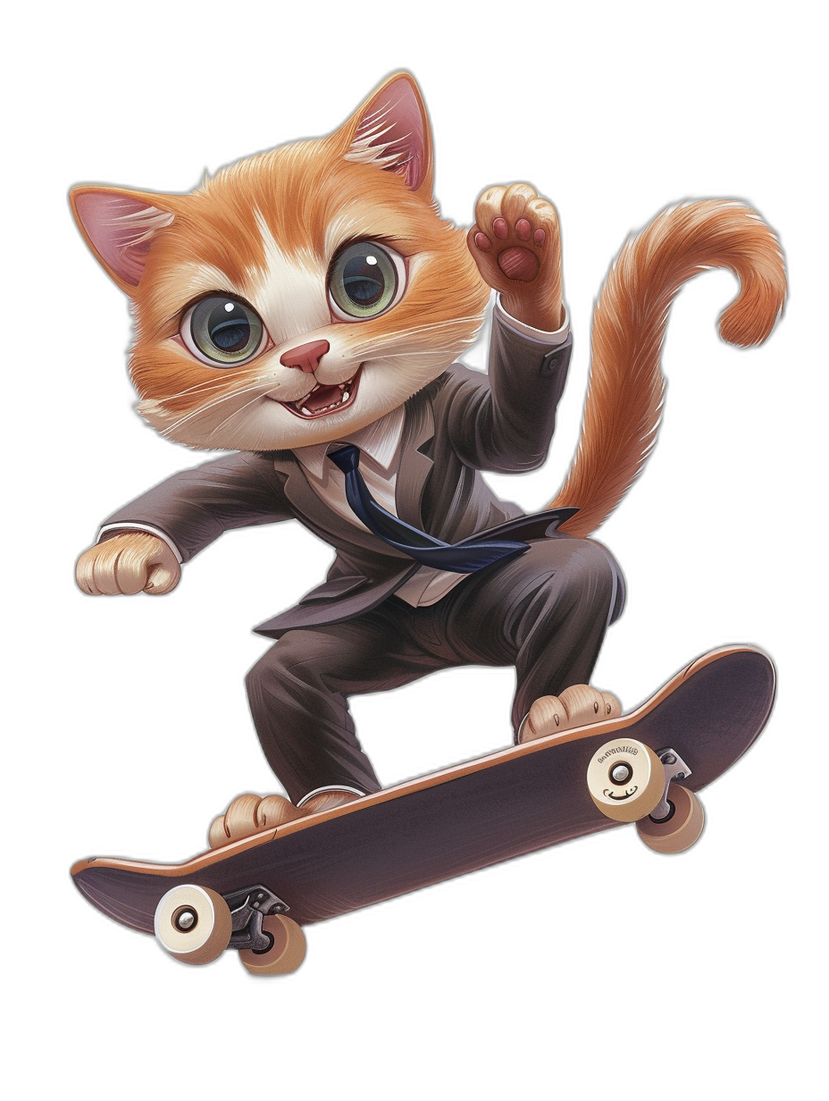 Cute cat cartoon character in a suit riding on a skateboard, jumping up and down with hands raised, black background, detailed illustration in the style of [Artgerm](https://goo.gl/search?artist%20Artgerm), low angle view, dynamic pose, sticker art style, high resolution, high detail, sharp focus, bright colors, orange fur color of the kitten, big eyes.