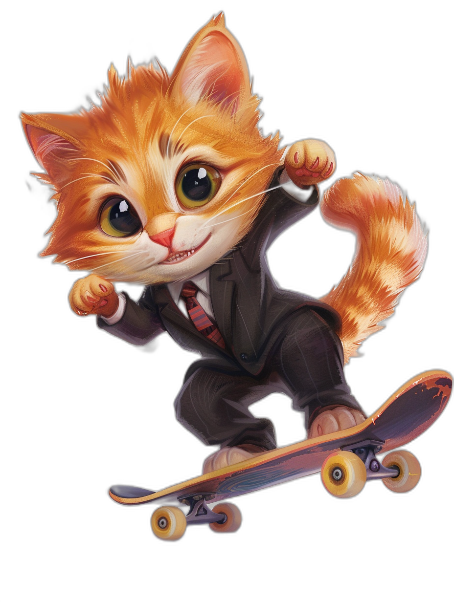 A cute happy ginger cat in a suit, with big eyes and a tail is riding on a skateboard. Cartoon character design in the style of game art, simple black background, simple details, digital painting, charming characters, dynamic poses, exaggerated expressions, vibrant colors, and lively movements.