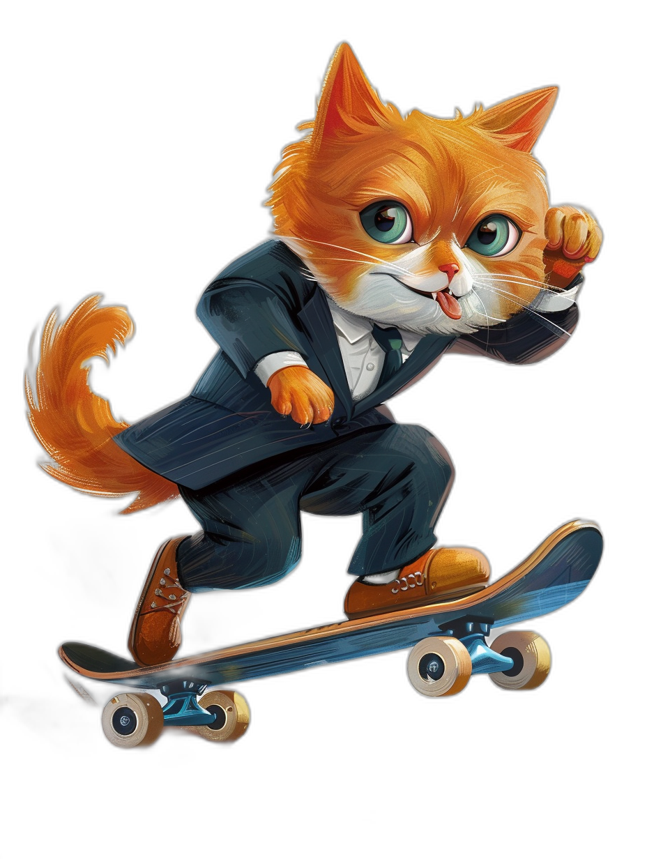 A ginger cat in a suit riding on a skateboard, in the cartoon style, on a black background, as a cute illustration for kids, showing the full body, with a detailed design, in full color, at a high resolution, as sticker art, with detailed shading, detailed line work, vibrant colors, with accurate proportions, as a digital painting, like a trending piece on Artstation.