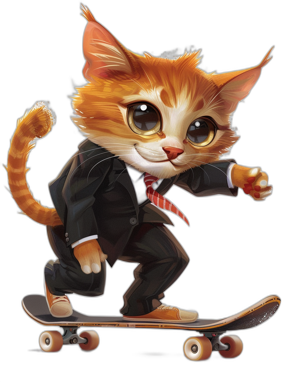 A cute ginger cat in a suit and tie riding on a skateboard, black background, chibi style in the style of Piper Thibodeau, digital art in the style of [Kawacy](https://goo.gl/search?artist%20Kawacy), cartoon drawing, full body shot
